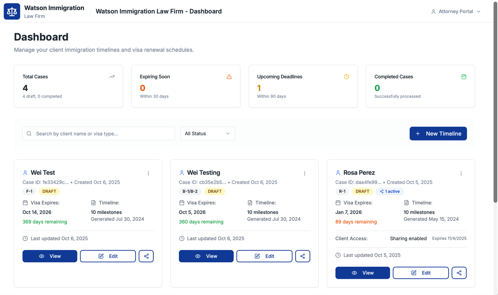 The attorney dashboard, with generated timelines and upcoming deadlines